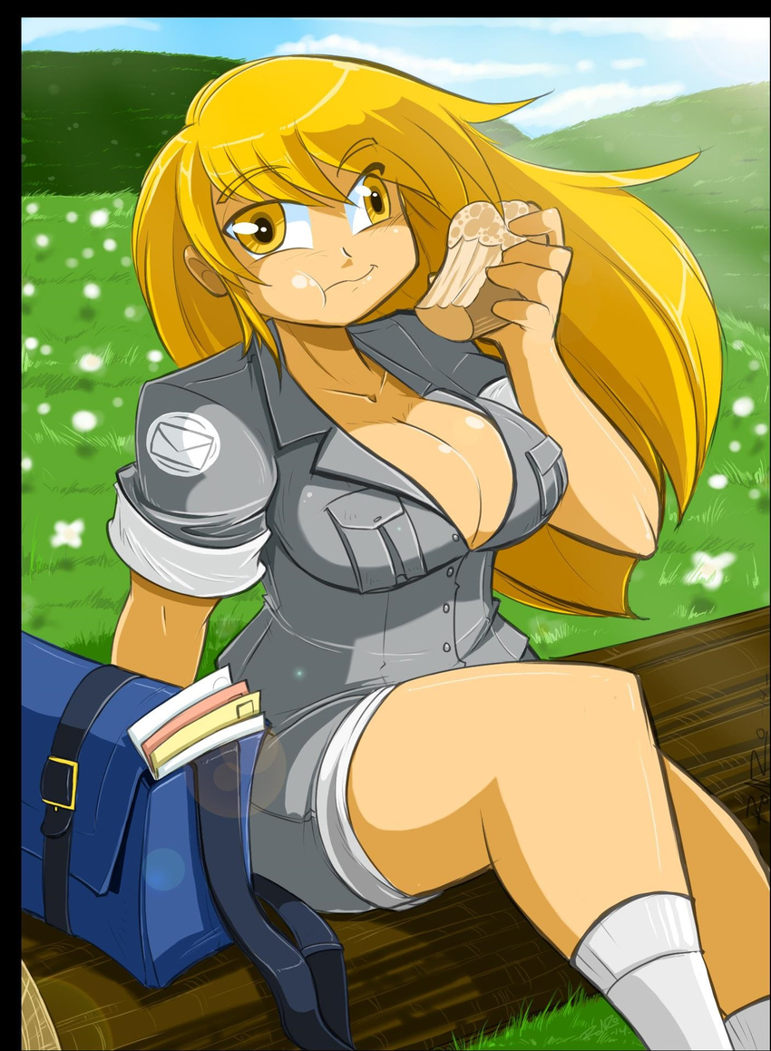 2015 blonde_hair breasts cleavage clothed clothing derpy_hooves_(mlp) eating female food friendship_is_magic grass hair human humanoid long_hair mail mailpony mammal muffin my_little_pony shiny shirt shorts sitting socks solo unknown_artist yellow_eyes