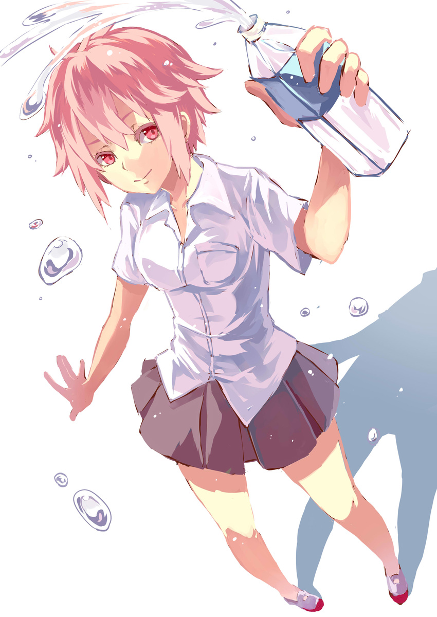 absurdres bottle collared_shirt d-frag! highres kurenai907 looking_at_viewer mizukami_sakura no_lineart no_socks pink_hair red_eyes school_uniform shirt short_hair skirt solo standing water_bottle water_drop white_background white_shirt