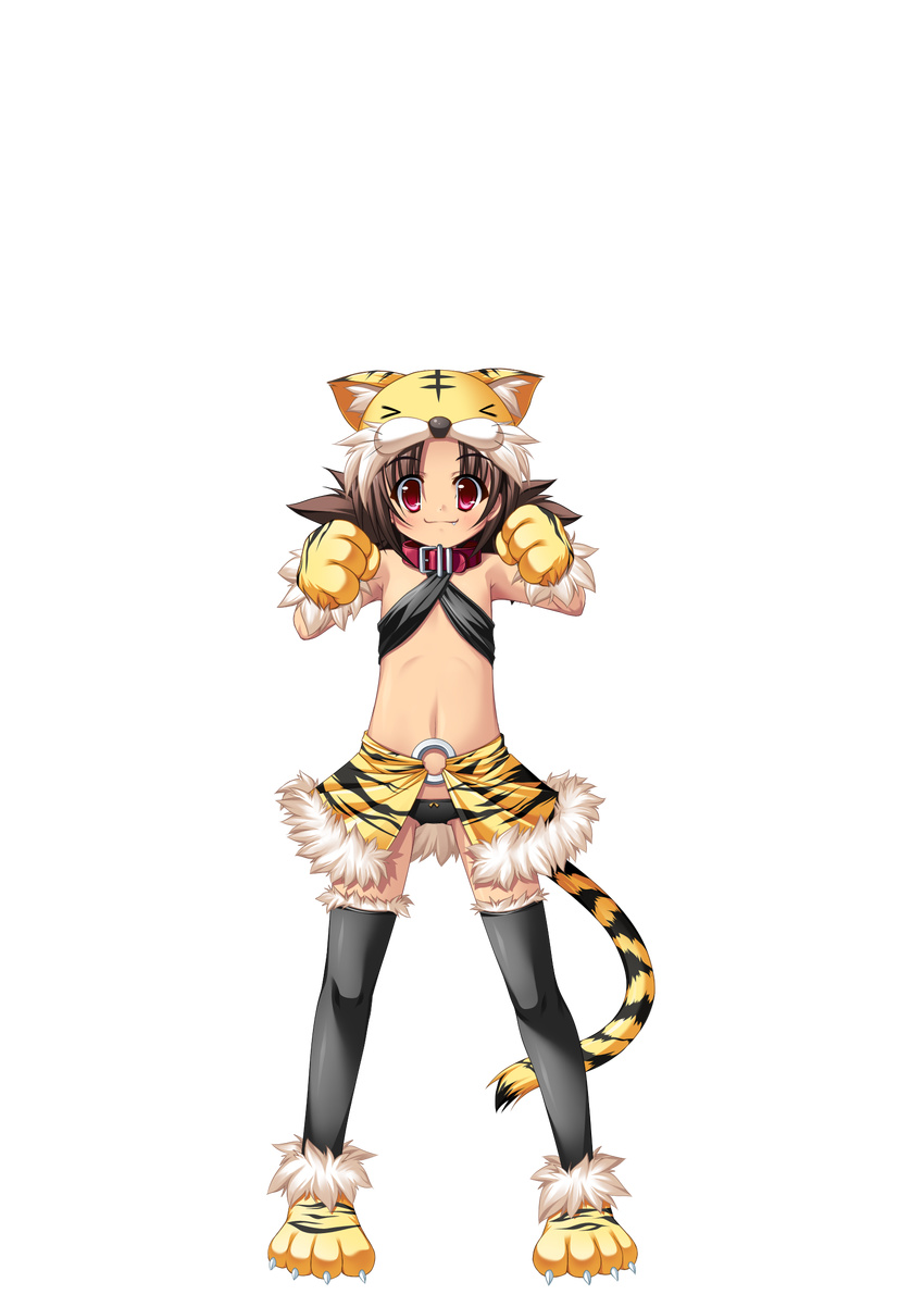 animal_ears bikini_top black_panties brown_hair collar fake_animal_ears fang flat_chest full_body gloves hat highres koihime_musou kuwada_yuuki long_hair navel panties paw_gloves paw_shoes paws red_eyes shoes skirt smile solo tail thighhighs tora_(koihime_musou) transparent_background twintails underwear