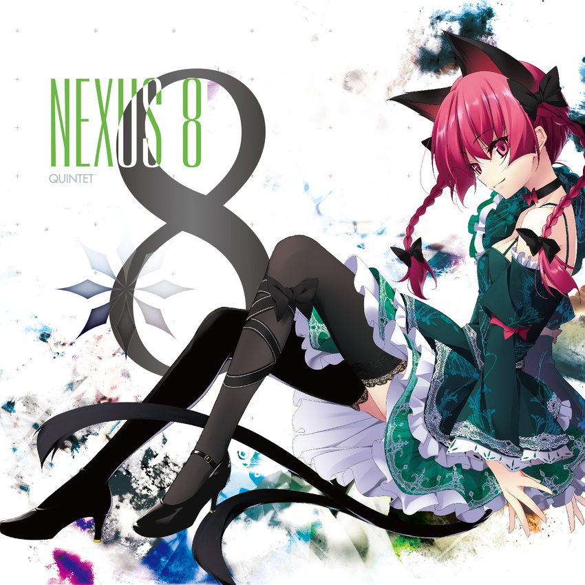 adapted_costume album_cover alternate_costume animal_ears bare_shoulders black_legwear bow cat_ears cat_tail choker cover detached_sleeves dress frills full_body green_dress hair_bow hair_ornament high_heels highres kaenbyou_rin leg_ribbon long_hair long_sleeves looking_at_viewer matsuyama_nozomu multiple_tails puffy_sleeves red_eyes red_hair ribbon sitting smile solo strapless strapless_dress tail text_focus thighhighs touhou wide_sleeves
