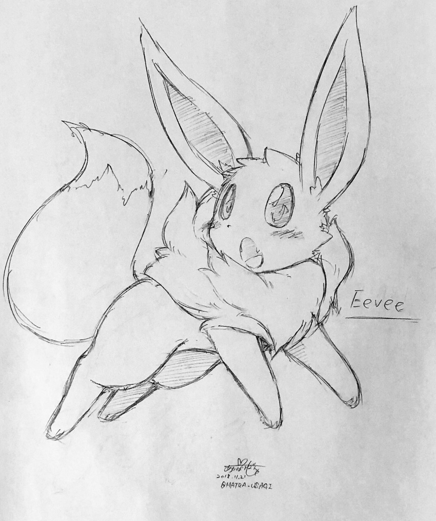 akabane_jin ambiguous_gender blush colorless cute_fangs dipstick_tail eevee feral mane multicolored_tail nintendo open_mouth pok&eacute;mon pok&eacute;mon_(species) sketch traditional_media_(artwork) tuft video_games