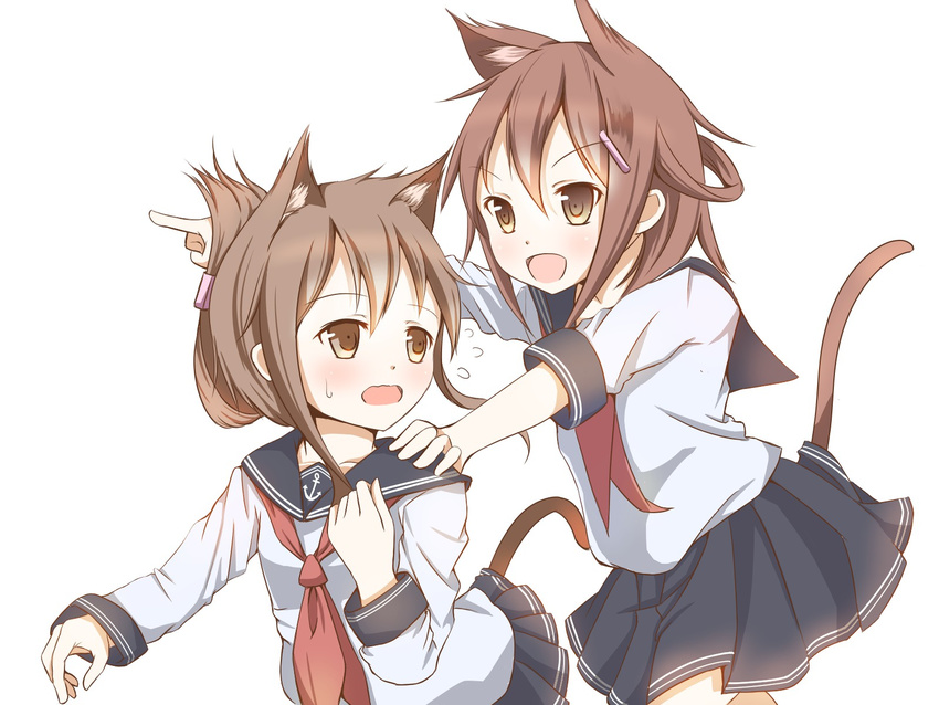 anchor_symbol animal_ears black_skirt brown_hair cat_ears cat_tail commentary_request flying_sweatdrops folded_ponytail hair_ornament hairclip highres ikazuchi_(kantai_collection) inazuma_(kantai_collection) kantai_collection kemonomimi_mode long_sleeves multiple_girls neckerchief open_mouth pleated_skirt red_neckwear school_uniform serafuku short_hair simple_background skirt tail white_background yukishiro_arute