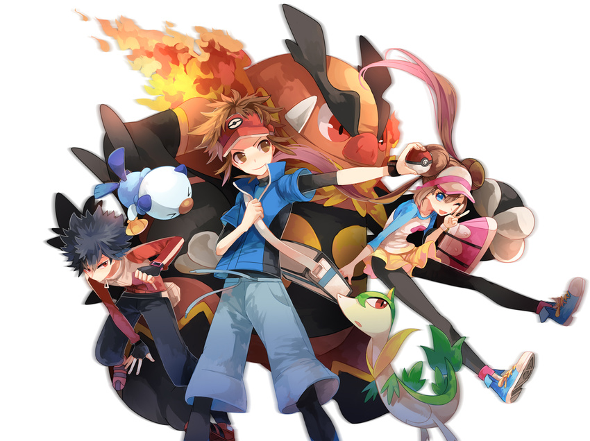 2boys bag black_hair black_legwear blue_eyes brown_eyes brown_hair double_bun emboar fingerless_gloves fire gen_5_pokemon gloves handbag holding holding_poke_ball huan_li hue_(pokemon) jacket kyouhei_(pokemon) long_hair mei_(pokemon) multiple_boys one_eye_closed open_mouth oshawott pantyhose poke_ball pokemon pokemon_(creature) pokemon_(game) pokemon_bw2 raglan_sleeves red_eyes servine shoes short_hair shorts shoulder_bag smile sneakers spiked_hair twintails v very_long_hair visor_cap watch white_background wristwatch