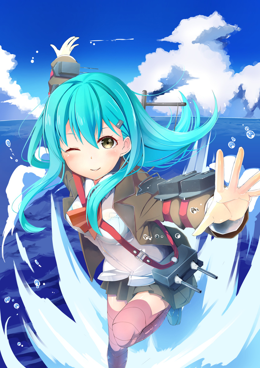 ;) aqua_hair blazer byte_(allbyte) green_eyes hair_ornament hairclip highres jacket kantai_collection long_hair one_eye_closed outstretched_arms see-through smile suzuya_(kantai_collection) turret uniform