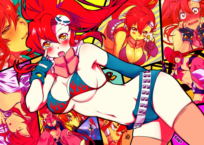 belt bikini_top blush breasts cleavage closed_eyes embarrassed fingerless_gloves flower glasses gloves groin hair_ornament large_breasts leaning_forward long_hair looking_at_viewer navel ponytail red_hair sako scarf shorts smile tears tengen_toppa_gurren_lagann thighhighs tongue underboob wavy_mouth yellow_eyes yoko_littner yomako