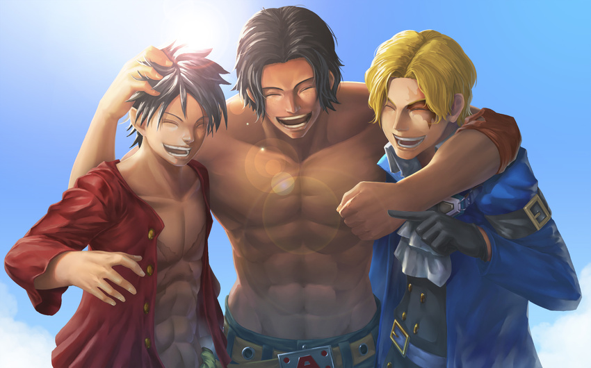 3boys belt blonde_hair brown_hair cravat double-breasted eyes_closed freckles gloves headwear_removed jacket male male_focus monkey_d_luffy multiple_boys one_piece open_shirt portgas_d_ace red_shirt sabo_(one_piece) sash scar shirt smile time_paradox topless