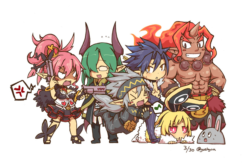 &gt;_&lt; 4boys :d anger_vein angry animal_ears bad_id bad_pixiv_id blonde_hair blue_hair bracelet bunny_earmuffs bunny_ears chibi christo_(disgaea) closed_eyes coat dark_skin dated disgaea dual_wielding eighth_note eyebrows_visible_through_hair full_body glasses green_hair grey_hair grin gun headband highres holding horns jewelry killia_(disgaea) long_hair makai_senki_disgaea_5 multiple_boys multiple_girls muscle musical_note no_nose open_mouth orange_hair pants pink_hair pointy_ears ponytail red_eyes red_magnus seraphina_(disgaea) shaded_face shirtless shoes short_eyebrows short_hair skirt smile speech_bubble spiked_hair spoken_anger_vein spoken_musical_note thick_eyebrows twitter_username usalia_(disgaea) weapon white_background xd yellow_eyes yoshyun zeroken_(disgaea)