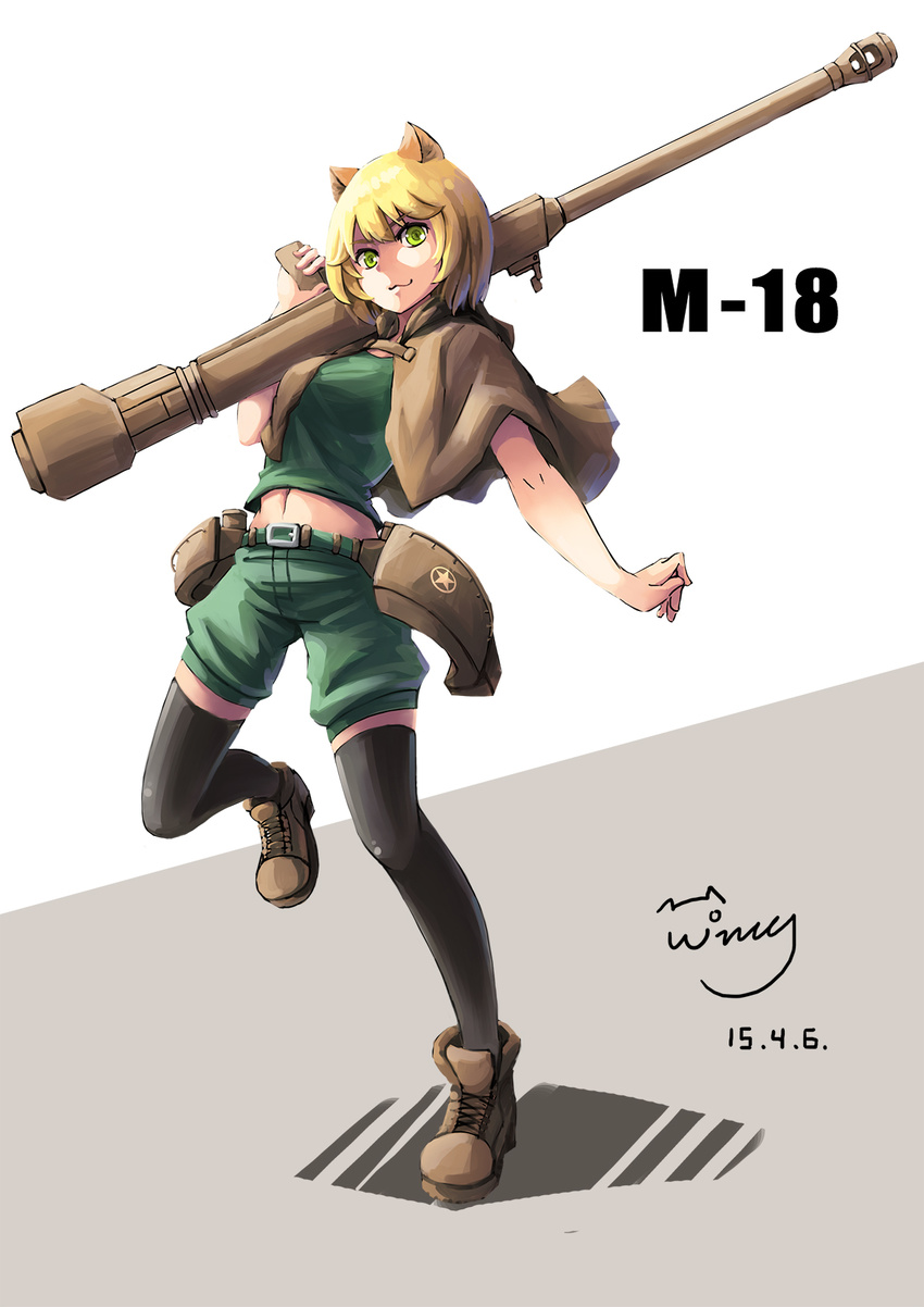 :3 animal_ears belt blonde_hair boots cannon cat_ears character_name cloak dated green_eyes gun highres m18_hellcat_(personification) mecha_musume midriff muzzle_brake original personification short_hair shorts signature slit_pupils solo thighhighs weapon wing_(4486066) world_war_ii