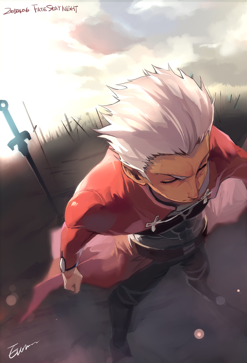 archer closed_eyes dark_skin dark_skinned_male ege_(597100016) fate/stay_night fate_(series) field_of_blades from_above highres male_focus planted_sword planted_weapon solo sword unlimited_blade_works weapon white_hair