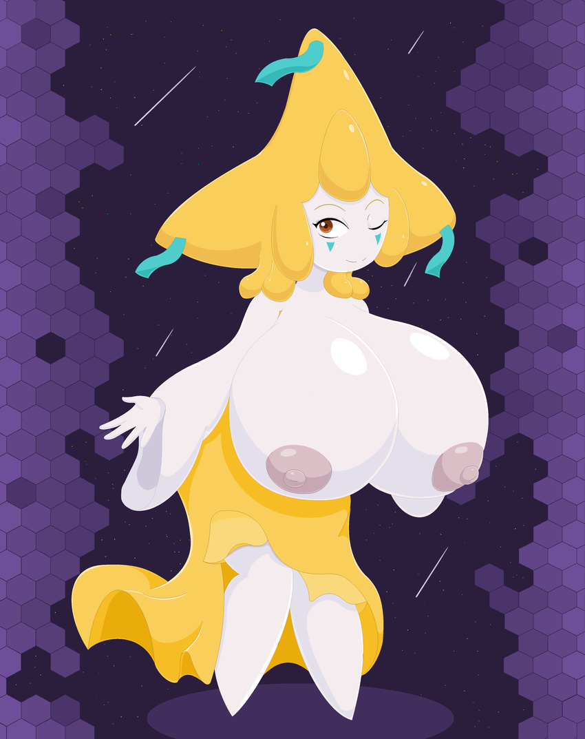 abstract_background absurd_res anthro anthrofied big_breasts breasts elfdrago female hi_res huge_breasts humanoid jirachi nintendo nipples pok&eacute;mon pok&eacute;morph video_games