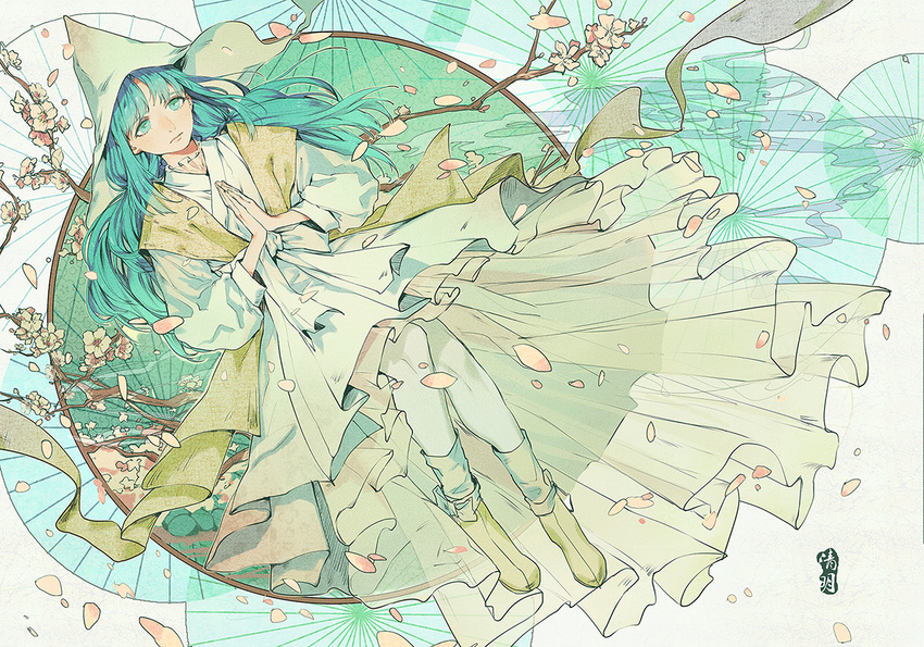 bad_id bad_pixiv_id bangs commentary_request flower green_eyes green_hair hands_clasped hat long_hair original own_hands_together petals robe signature solo witch_hat yuukaku