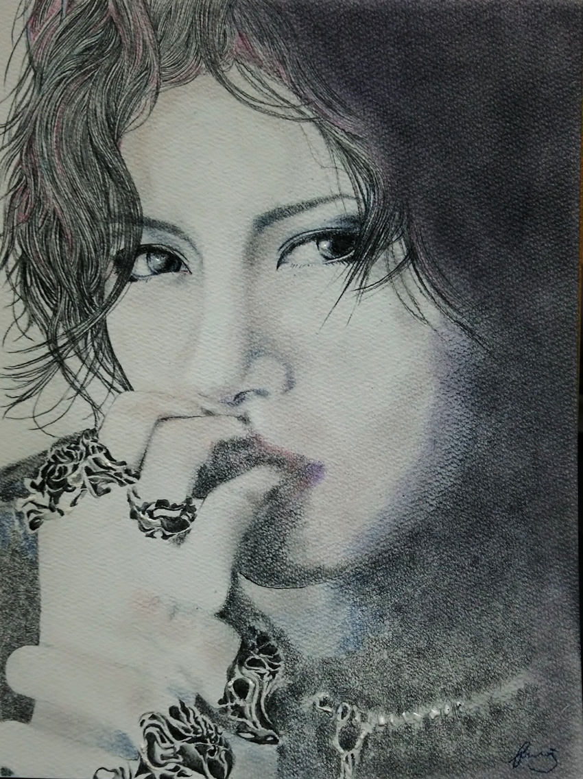 1boy gackt highres j-rock jewelry looking_at_viewer male male_focus monochrome musician necklace ring solo traditional_media