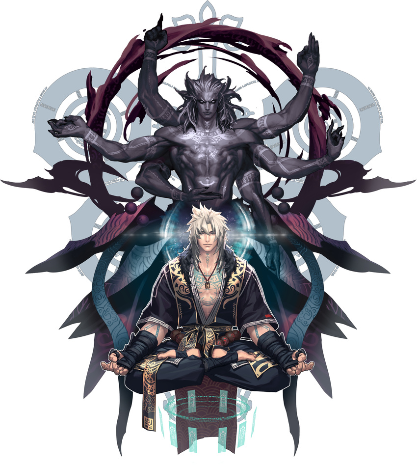 alpha_transparency belzebuth chaos_online closed_eyes highres indian_style jewelry long_hair looking_at_viewer lotus_position love_cacao male_focus meditation mudra multiple_arms muscle necklace official_art seigaiha shirtless sitting solo transparent_background vitarka_mudra white_hair