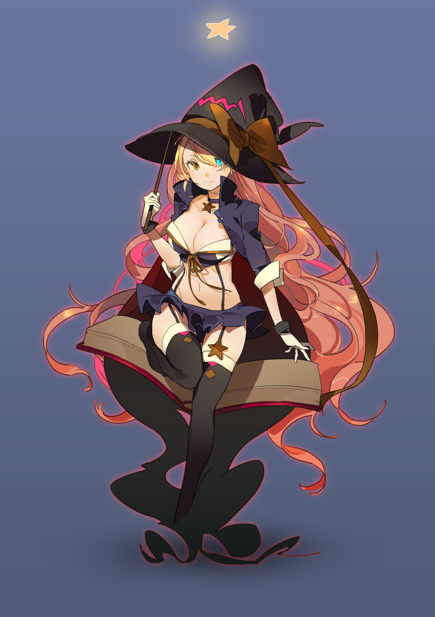 black_legwear blonde_hair blue_background blue_eyes book breasts brown_eyes cleavage hat heterochromia highres large_breasts long_hair original red_hair sakura_sora smile solo star thighhighs very_long_hair wand witch_hat