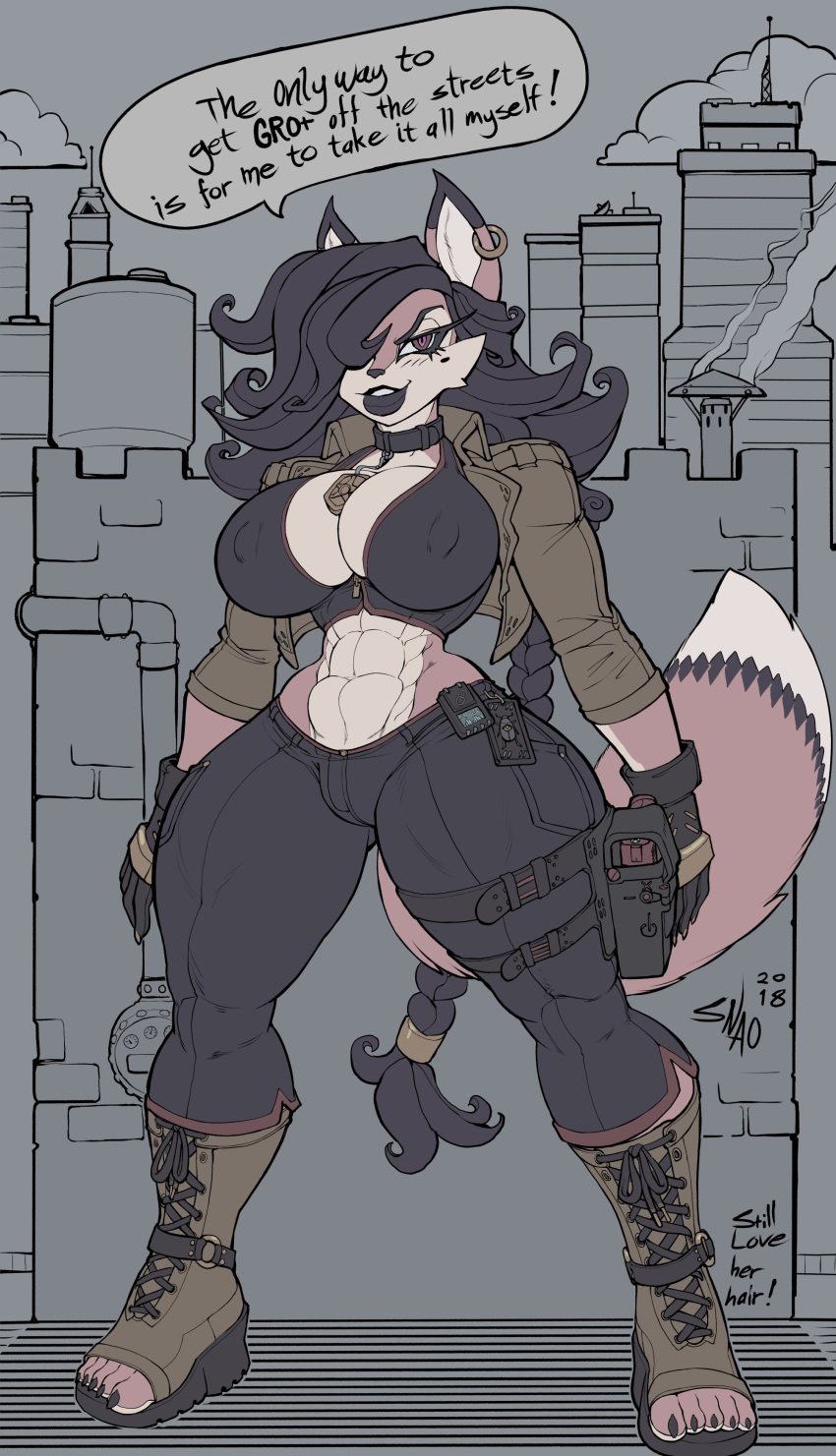 2018 5_toes absurd_res anthro beauty_mark big_breasts boots braided_ponytail breasts canine carmelita_fox city cleavage clothed clothing cloud collar detailed_background dialogue ear_piercing english_text female footwear fox fully_clothed gloves gun hair hair_over_eye hairband handgun hi_res holster huge_breasts jacket long_hair looking_at_viewer mammal midriff navel nipple_bulge outside pants piercing ranged_weapon sheathed_weapon shirt sky sly_cooper_(series) small_waist smile snao solo speech_bubble standing tank_top text thick_bottom_lip thick_thighs toes video_games weapon wide_hips wide_stance