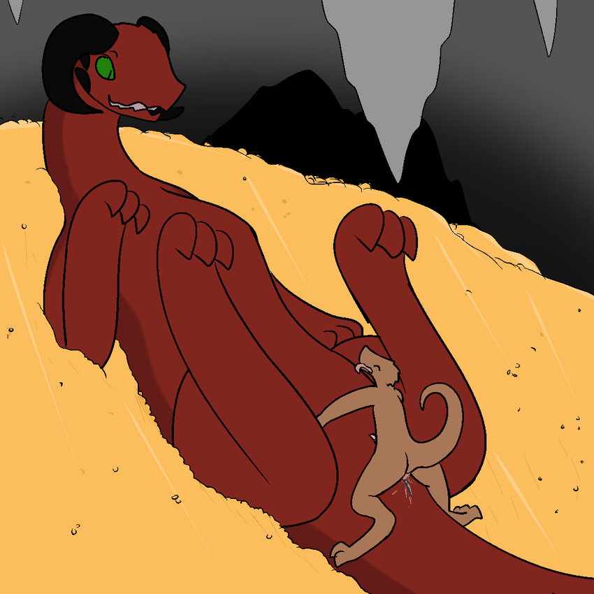 2015 aliasing anthro cave dragon erection female feral gold interspecies kobold lying male male/female nude open_mouth penetration penis pussy reptile scalie sex size_difference small_dom_big_sub tongue trout_(artist)