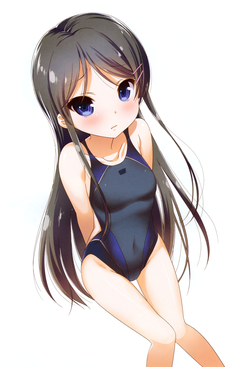 absurdres arms_behind_back black_hair blush breasts collarbone competition_swimsuit covered_nipples endou_rino groin hair_ornament hairclip highres jinsei long_hair looking_at_viewer medium_breasts nanase_meruchi official_art one-piece_swimsuit purple_eyes scan simple_background skin_tight solo swimsuit thigh_gap white_background