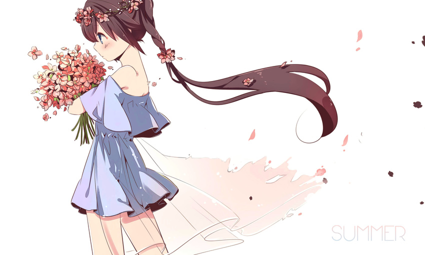 blue_dress blue_eyes bouquet brown_hair dress flower hair_flower hair_ornament head_wreath highres holding holding_flower jpeg_artifacts kexi_shi_ge_hentai long_hair off-shoulder_dress off_shoulder original petals ponytail simple_background solo summer white_background