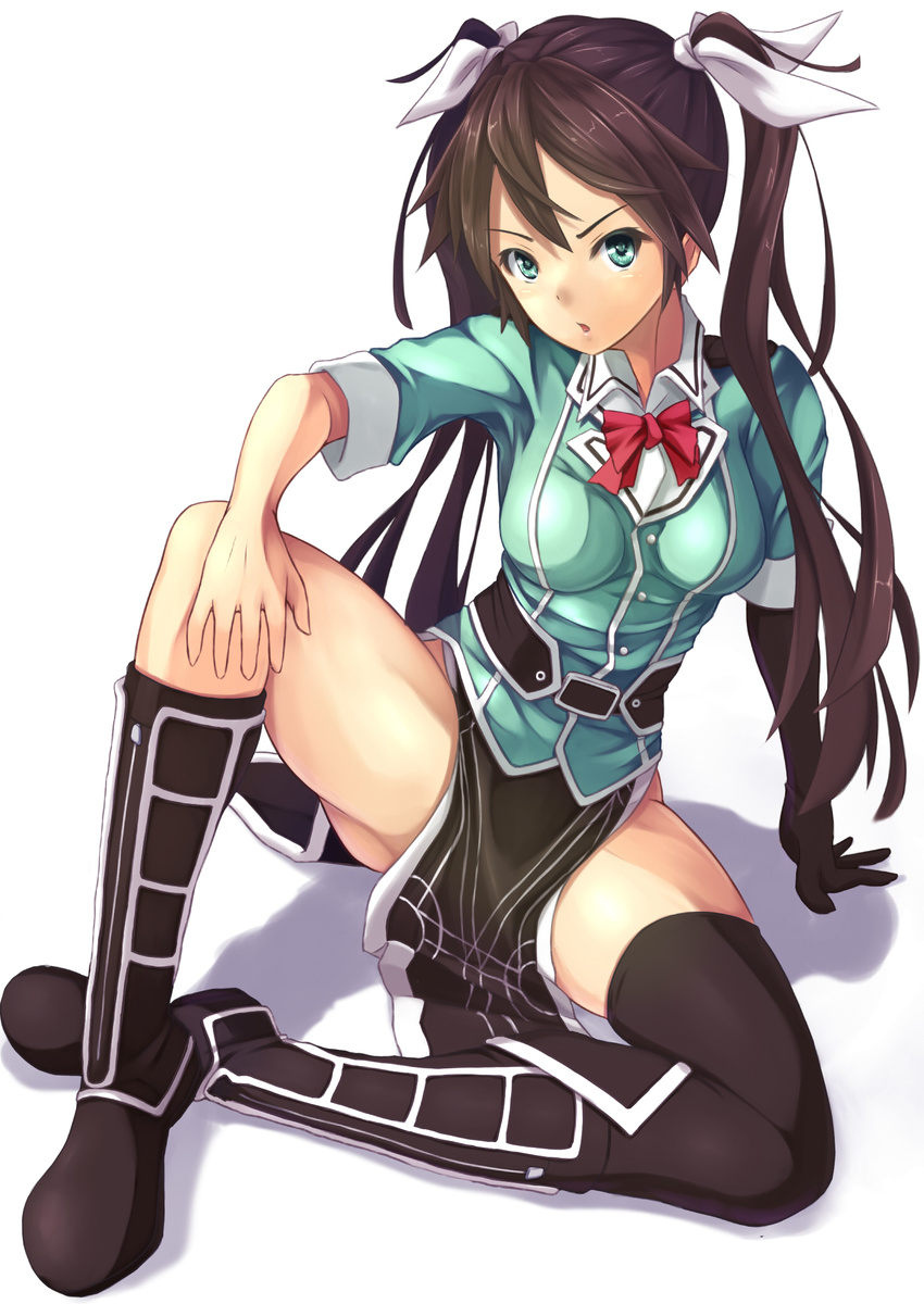 arm_support asymmetrical_legwear black_footwear black_gloves black_skirt boots brown_hair cyoppu elbow_gloves full_body gloves green_eyes hand_on_own_knee highres kantai_collection knee_boots looking_at_viewer military military_uniform parted_lips pelvic_curtain remodel_(kantai_collection) side_slit simple_background single_glove single_thighhigh sitting skirt solo thighhighs tone_(kantai_collection) twintails uniform white_background