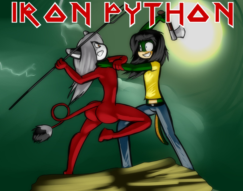 album_cover axe big_butt black_hair blue_eyes butt cover duo green_skin hair iron_maiden kg lightning long_hair mammal norithics norithics_"nori"_kusemurai parody pitchfork python raccoon reptile run_to_the_hills scalie snake weapon