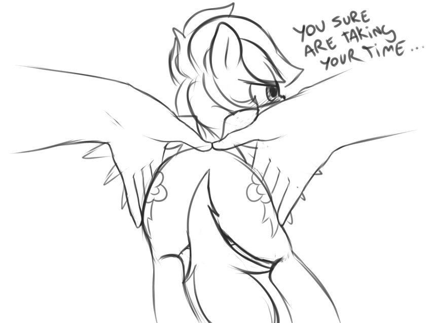 2015 black_and_white butt cutie_mark dialogue disembodied_hand english_text equine female feral friendship_is_magic hair hi_res mammal monochrome mostazathy my_little_pony pegasus rainbow_dash_(mlp) rear_view text wings young
