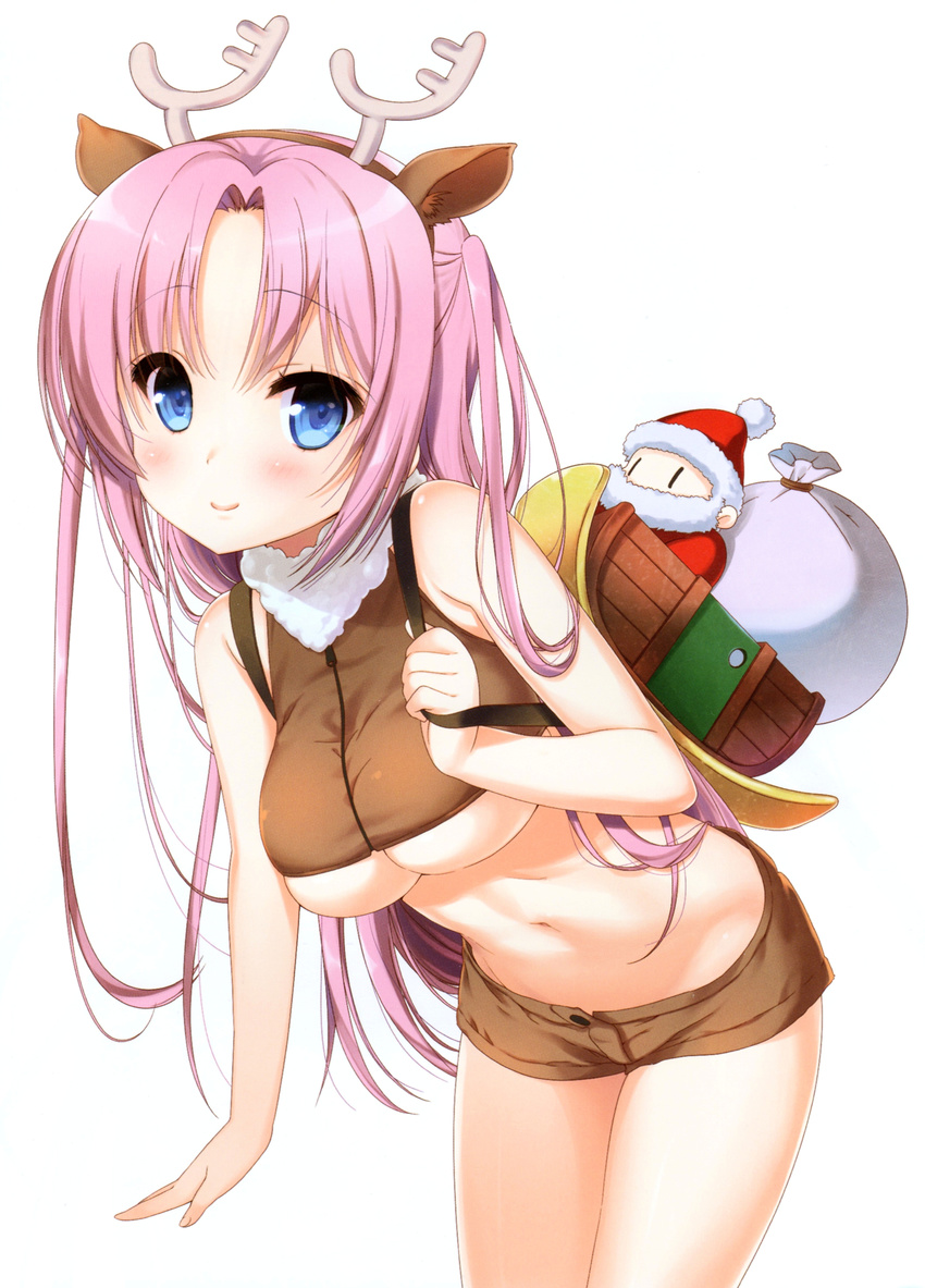 absurdres animal_costume animal_ears antlers backpack bag bare_shoulders beard blue_eyes blush breasts crop_top facial_hair groin hat highres jinsei large_breasts long_hair midriff murakami_emi nanase_meruchi navel official_art pink_hair reindeer_antlers reindeer_costume reindeer_ears sack santa_costume santa_hat scan short_shorts shorts simple_background sleigh solo toy underboob very_long_hair white_background