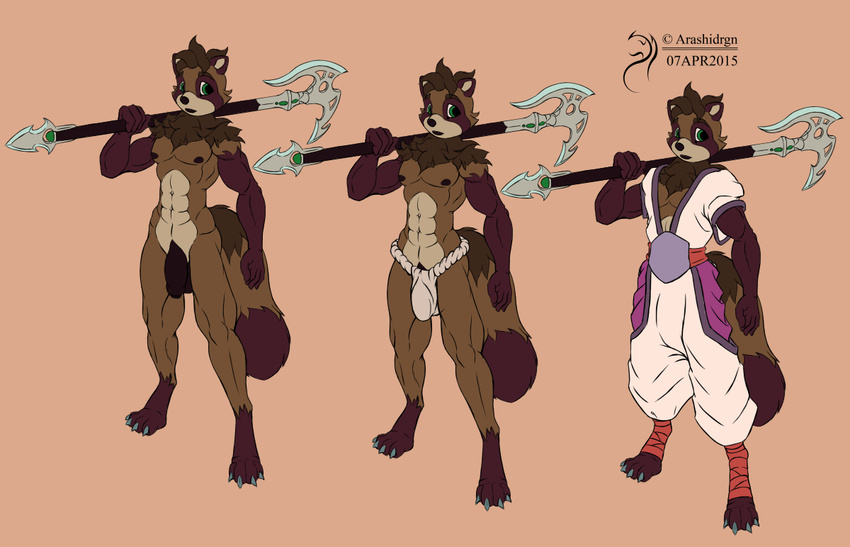 2015 abs anthro arashidrgn axe balls biceps big_balls big_penis bulge character_design clothed clothing fundoshi fur hair half-dressed male mammal model_sheet muscles nipples nude pecs penis solo standing tanuki topless underwear weapon