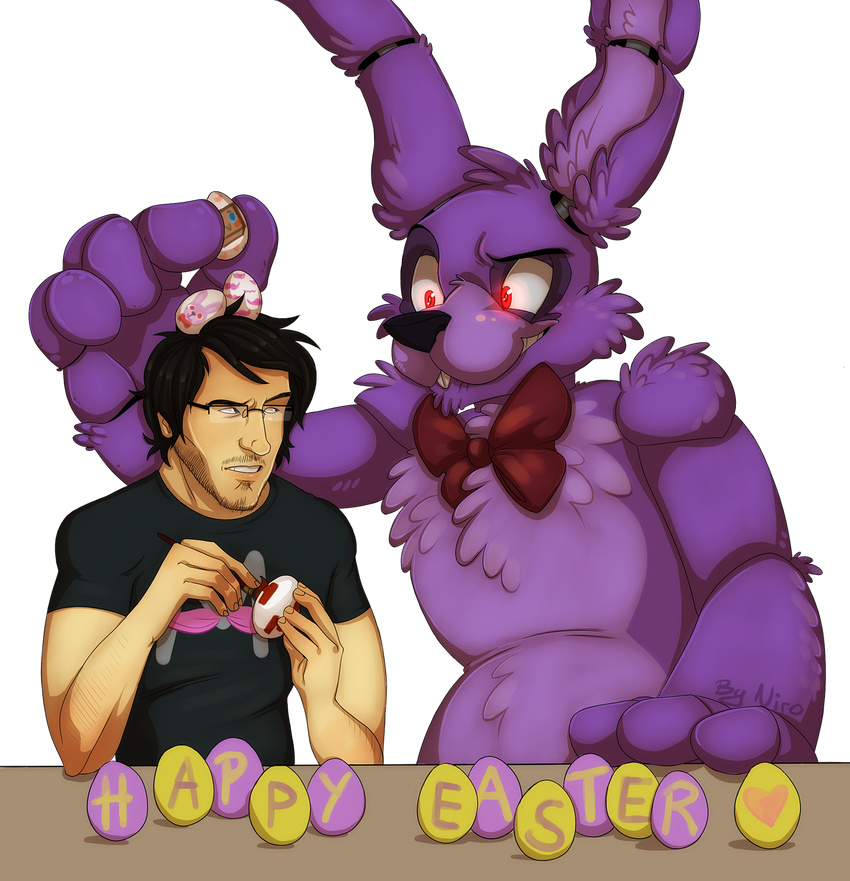 animatronic anthro bonnie_(fnaf) bow clothed clothing egg five_nights_at_freddy's glowing glowing_eyes holidays machine markiplier mechanical robot xnirox