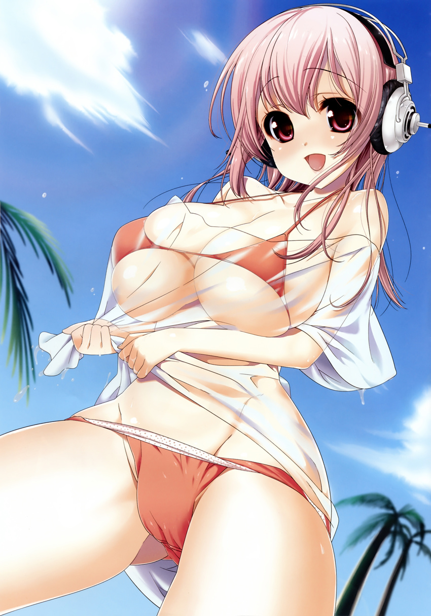 :d absurdres bikini blue_sky breasts cloud cowboy_shot day from_below groin headphones highres large_breasts looking_at_viewer looking_down micro_bikini nanase_meruchi nitroplus open_mouth outdoors palm_tree pink_eyes pink_hair plant red_bikini see-through shiny shiny_skin shirt skindentation sky smile standing super_sonico swimsuit tree wet wet_clothes wet_shirt