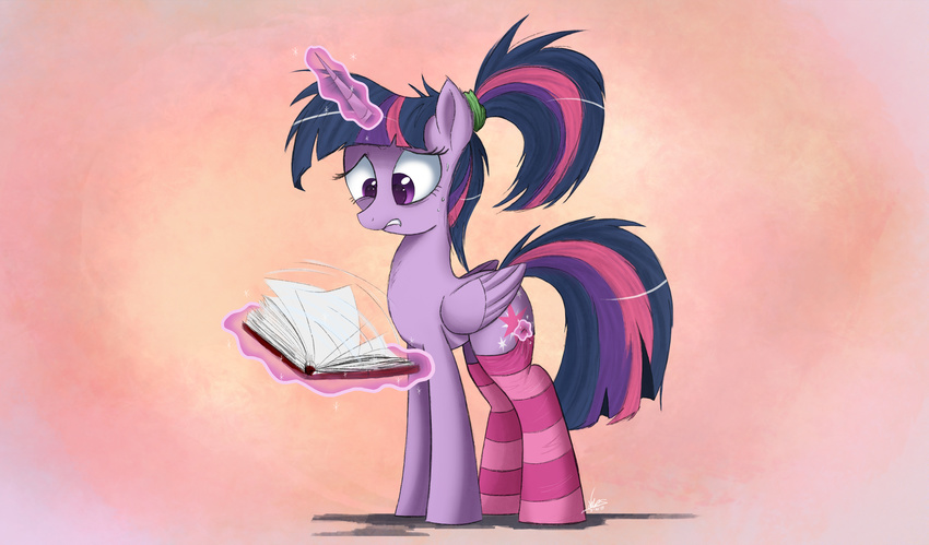 2015 book clothing cutie_mark equine female friendship_is_magic glowing hair horn levitation magic mammal multicolored_hair my_little_pony ncmares ponytail purple_eyes purple_hair socks solo sparkles sweat twilight_sparkle_(mlp) winged_unicorn wings