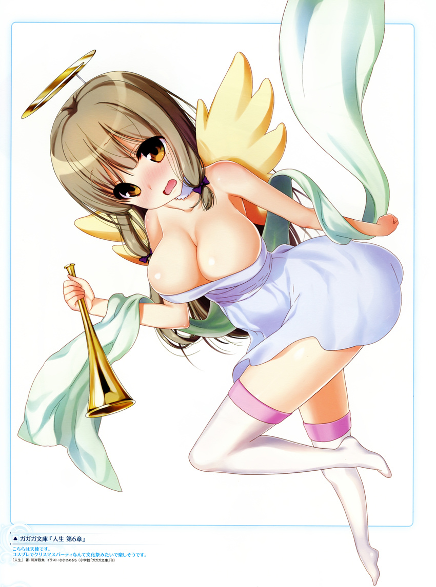 absurdres angel_wings bare_shoulders blonde_hair book breasts brown_eyes cleavage collarbone dress fake_halo hair_ribbon halo highres horn_(instrument) instrument jinsei kujou_fumi large_breasts mole mole_under_eye nanase_meruchi official_art open_mouth ribbon scan shawl short_sleeves simple_background skindentation smile solo thighhighs tress_ribbon white_background white_dress white_legwear wings zettai_ryouiki