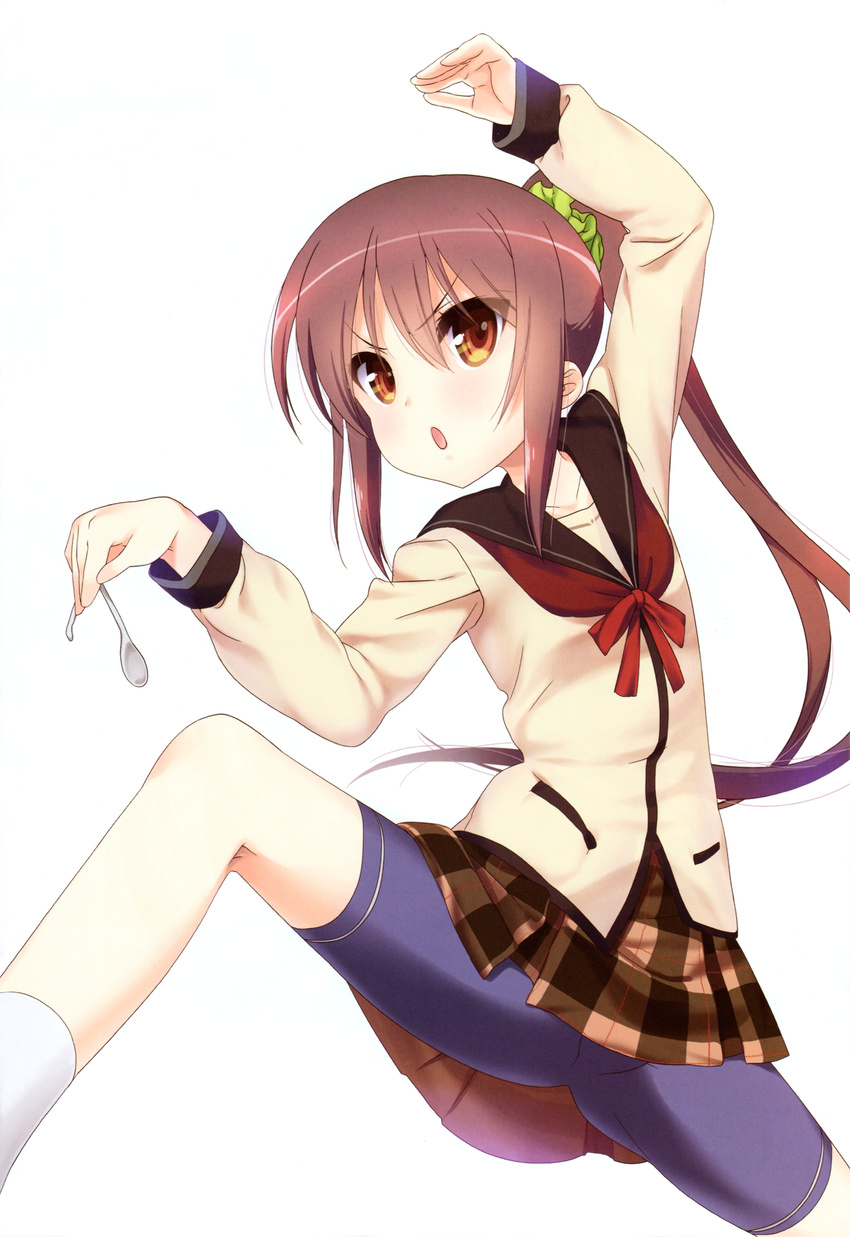 :o absurdres bike_shorts brown_eyes brown_hair highres holding holding_spoon jinsei long_hair looking_at_viewer nanase_meruchi official_art open_mouth plaid plaid_skirt ponytail red_hair scan school_uniform scrunchie serafuku shirt simple_background skirt solo spoon spoon_bending suzuki_ikumi_(jinsei) very_long_hair white_background