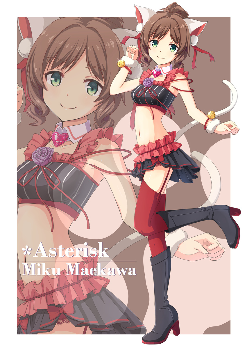 absurdres animal_ears bad_id bad_pixiv_id bell black_footwear boots brown_hair cat_ears cat_tail character_name garter_straps gofukiimo_(psempsemn) green_eyes heart highres idolmaster idolmaster_cinderella_girls knee_boots looking_at_viewer maekawa_miku midriff navel over_the_collar red_legwear short_hair skirt smile solo tail thighhighs zoom_layer
