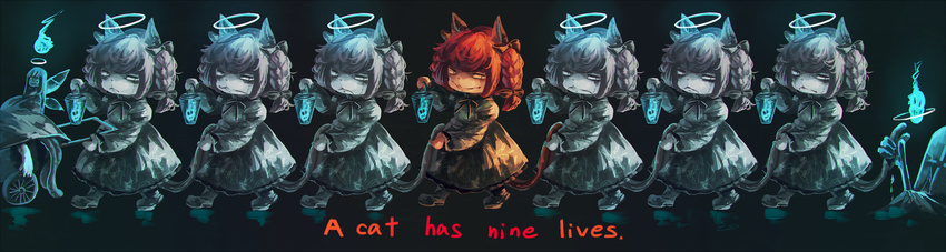animal_ears bow braid cat_ears cat_tail collar dress english fairy_wings floral_print ghost green_dress hair_bow halo highres hitodama juliet_sleeves kaenbyou_rin koto_inari long_hair long_sleeves looking_at_viewer multiple_tails nekomata open_mouth puffy_sleeves purple_eyes red_dress red_eyes red_hair silver_hair solo tail touhou twin_braids wheelbarrow wings zombie_fairy