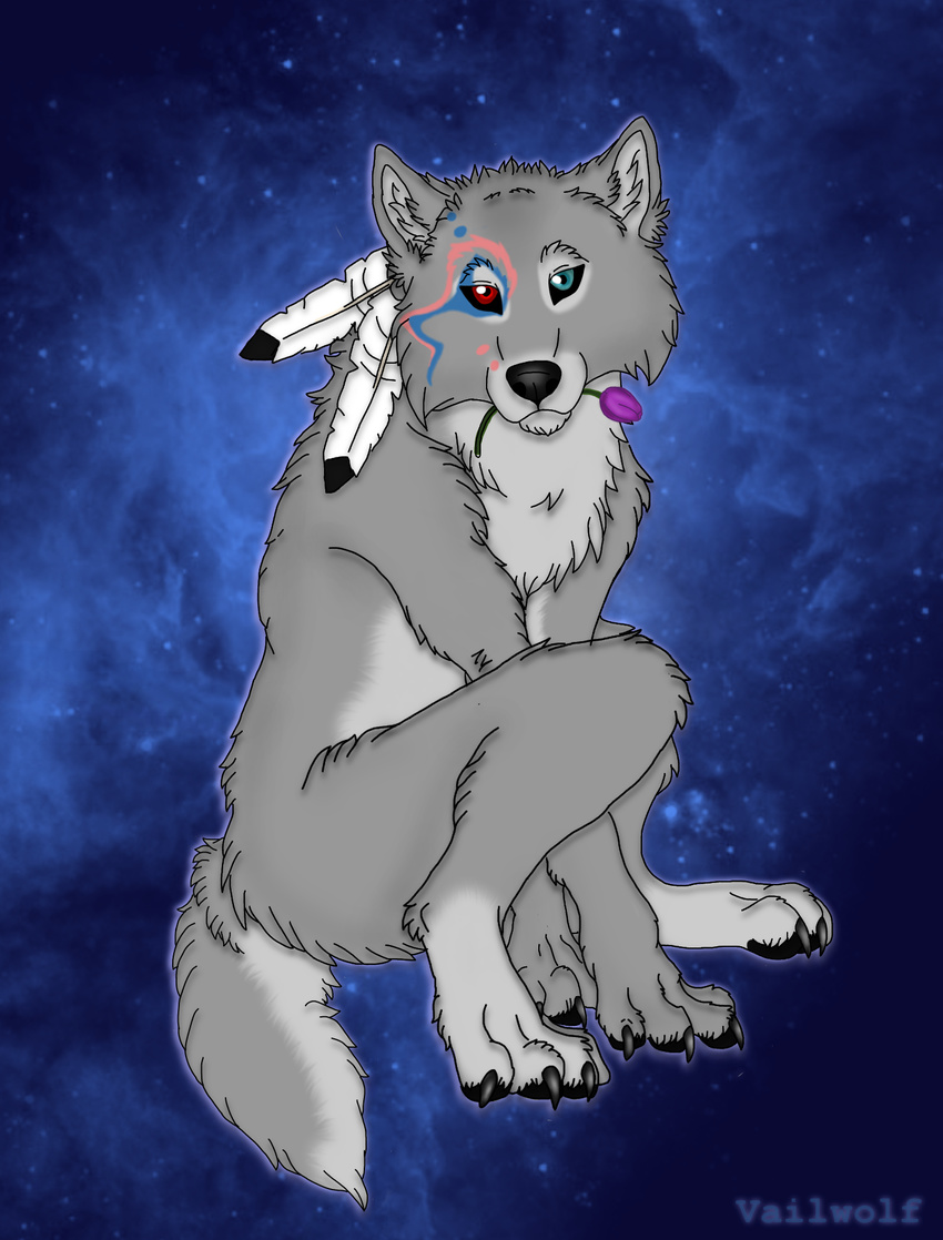 ambiguous_gender anthro blue_background blue_eyes canine claws face_paint feather feathers flower fur grey_fur mammal paws plain_background plant red_eyes sitting star vailwolf wolf