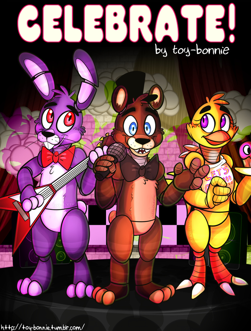 animatronic avian bear bird bonnie_(fnaf) bow_tie chica_(fnaf) chicken five_nights_at_freddy's freddy_(fnaf) hat lagomorph machine mammal mechanical rabbit robot top_hat