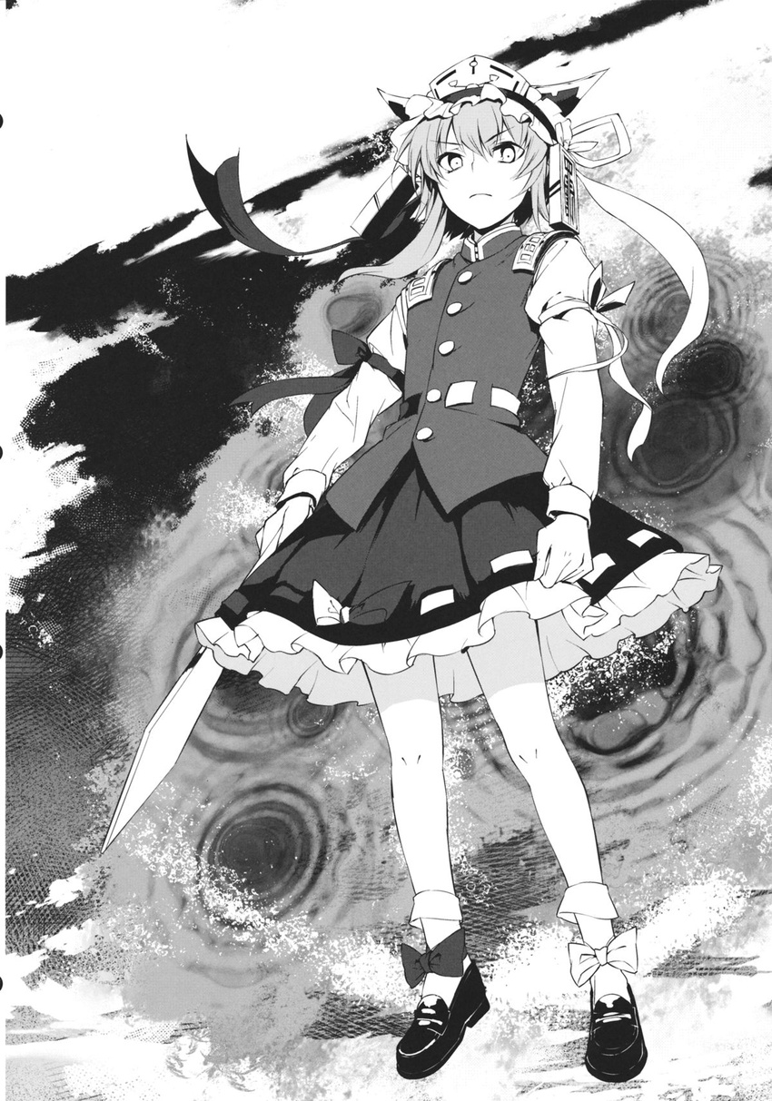 blouse comic eho_(icbm) greyscale hat highres looking_at_viewer monochrome rod_of_remorse shiki_eiki short_hair skirt solo touhou vest