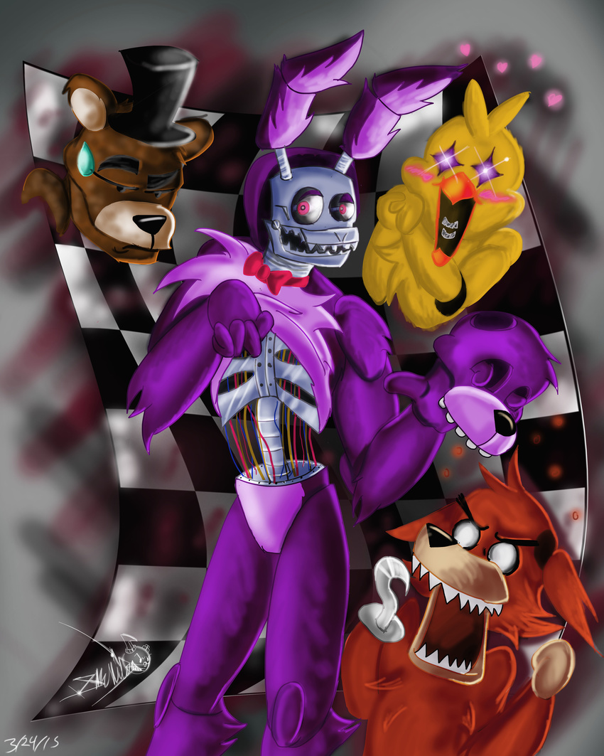 animatronic avian bear bird bonnie_(fnaf) bow_tie canine chica_(fnaf) chicken eye_patch eyewear five_nights_at_freddy's fox foxy_(fnaf) freddy_(fnaf) group hat hook inuashamiles lagomorph machine male mammal mechanical rabbit robot top_hat