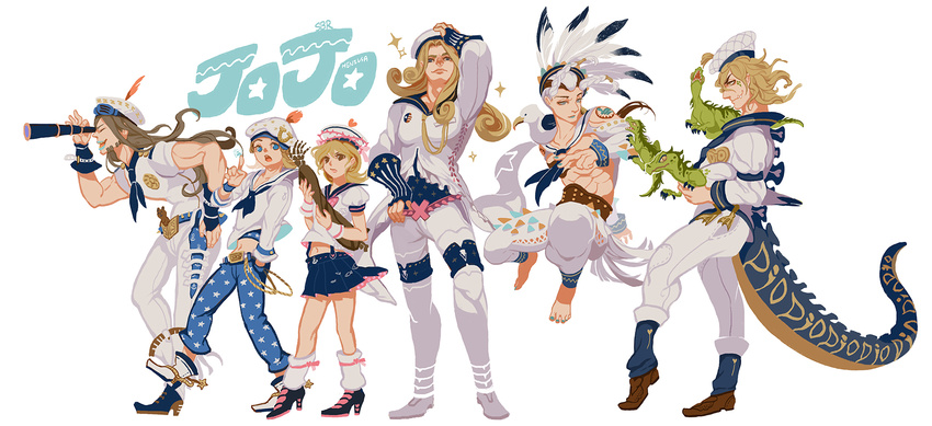 5boys blonde_hair diego_brando dinosaurs dixie_cup_hat funny_valentine gyro_zeppeli hat headdress highres johnny_joestar jojo_no_kimyou_na_bouken jojolion lucy_steel meniusa_lau military_hat multiple_boys native_american_headdress sailor sailor_hat sandman_(sbr) scary_monsters_(stand) stand_(jojo) steel_ball_run tail telescope