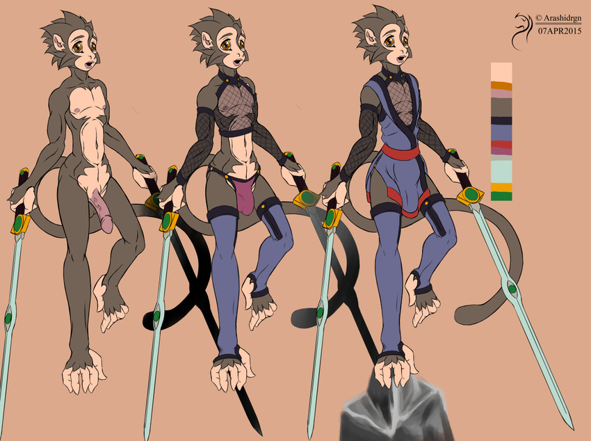 2015 abs arashidrgn balls biceps character_design clothing fur hair male mammal model_sheet monkey muscles ninja nipples nude pecs primate standing sword thong weapon