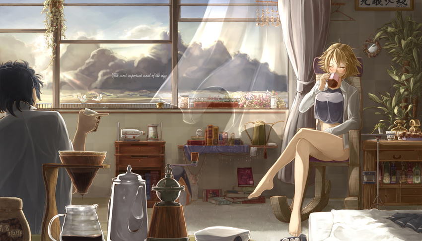 1girl admiral_(kantai_collection) bare_legs barefoot basket bird black_hair blush book book_stack bottle breasts cabinet chair checkered checkered_wall clothes_hanger cloud coffee coffee_grinder coffee_maker_(object) coffee_mug coffee_pot collared_shirt commentary_request crop_top crop_top_overhang crossed_legs cup curtains dress_shirt drinking drinking_glass english error_musume failure_penguin flower futon hand_on_lap hat hat_removed headwear_removed highres indoors jar kantai_collection large_breasts light_rays long_sleeves looking_at_another messy_hair morning mug mutsu_(kantai_collection) no_pants one_eye_closed open_clothes open_shirt open_window picture_frame plant pleated_skirt pointing potted_plant rocking_chair rug seashell shelf shell ship_in_a_bottle shirt short_hair sitting skirt skirt_removed sky sunbeam sunlight to6_l watering_can white_shirt window wooden_floor