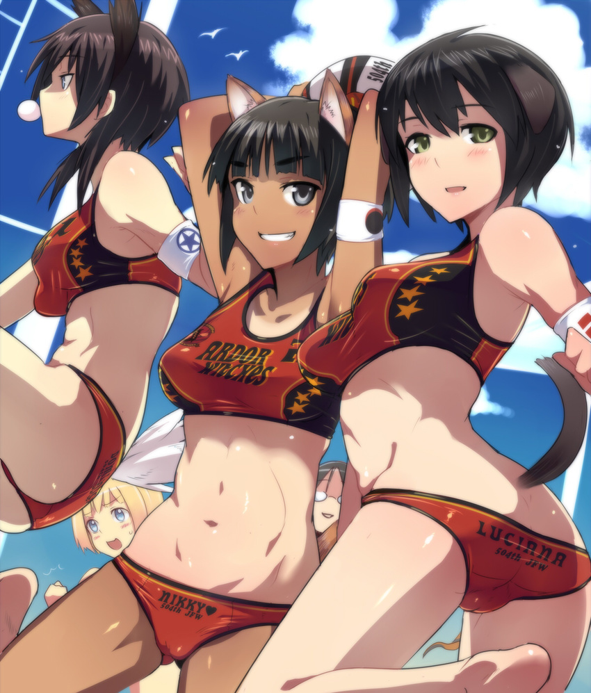 animal_ears armpits arms_up ass black_hair blonde_hair blue_eyes breasts brown_hair bubble_blowing cameltoe chewing_gum dominica_s_gentile em glasses green_eyes grey_eyes highres jane_t_godfrey luciana_mazzei medium_breasts midriff multiple_girls nakajima_nishiki ponytail short_hair sports_bikini suwa_amaki tail tan tanline twisted_torso volleyball world_witches_series