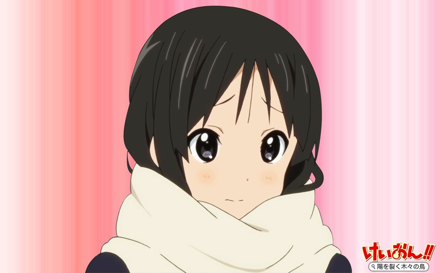 1girl akiyama_mio black_eyes black_hair blush copyright_name horiguchi_yukiko k-on! long_hair official_art scarf solo