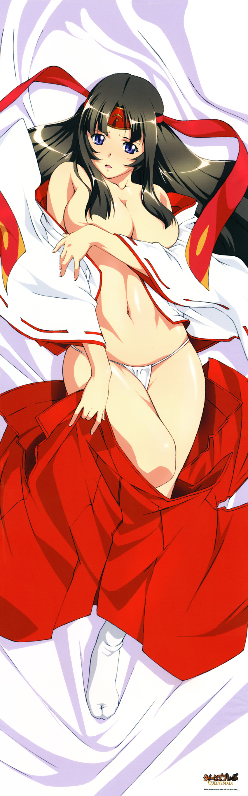 :o absurdres bare_legs bed_sheet blue_eyes breasts brown_hair cleavage collarbone covering covering_breasts dakimakura detached_sleeves from_above hachimaki hakama hakama_pull headband highres huge_filesize japanese_clothes large_breasts lying no_bra on_back panties queen's_blade red_hakama solo tabi tomoe underwear white_panties