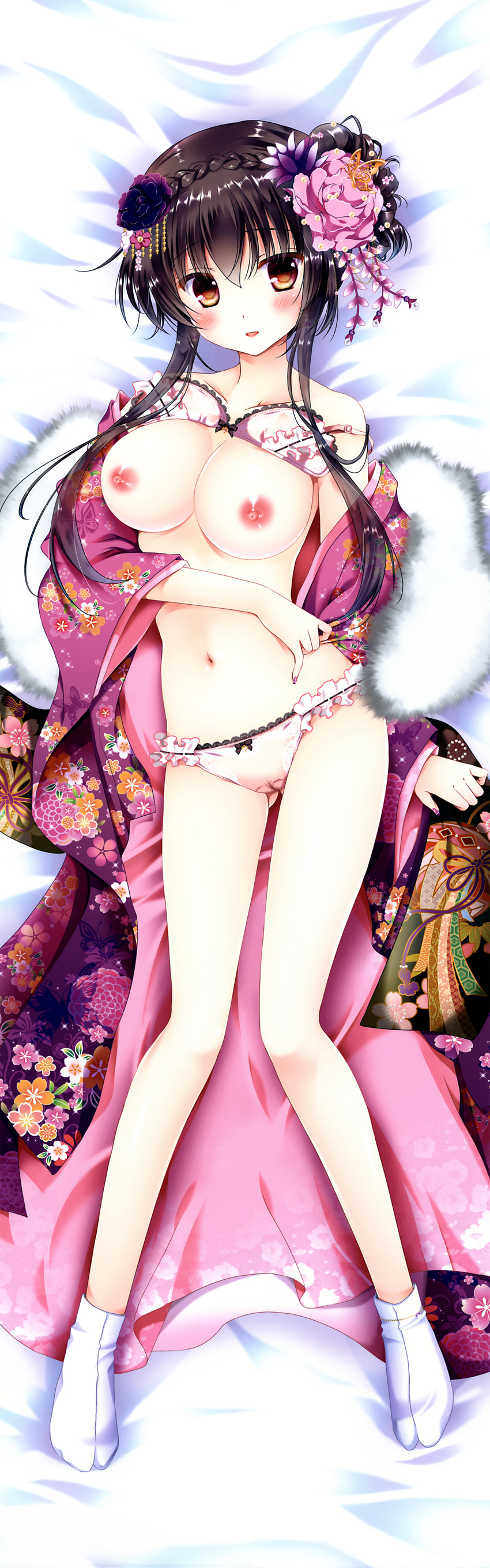 :d absurdres bare_shoulders black_hair blush bra bra_lift breasts brown_eyes collarbone dakimakura from_above full_body hair_bun hair_ornament highres huge_filesize japanese_clothes kimono large_breasts legs long_hair lying nipples on_back open_clothes open_kimono open_mouth panties pekopokox pink_bra pink_panties smile solo tabi underwear white_legwear