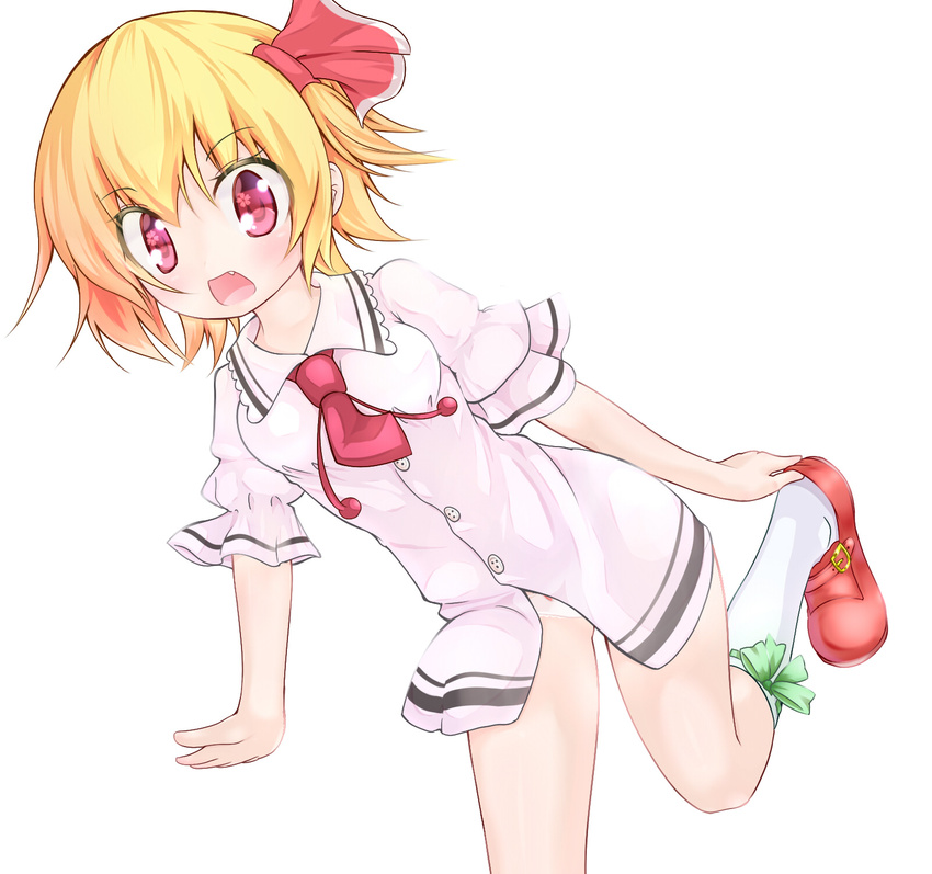 blonde_hair cherry_blossoms fang folded_leg gplnbeat hair_ribbon hand_on_foot highres kneehighs leaning_forward looking_at_viewer necktie no_pants open_mouth panties red_eyes ribbon ribbon-trimmed_legwear ribbon_trim rumia short_hair short_sleeves simple_background solo standing standing_on_one_leg touhou underwear white_background white_legwear white_panties