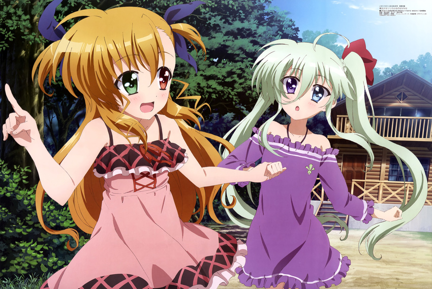 :o absurdres ahoge blonde_hair blue_eyes bow casual day einhart_stratos green_eyes hair_bow heterochromia highres long_hair lyrical_nanoha mahou_shoujo_lyrical_nanoha_vivid megami multiple_girls non-web_source official_art pointing purple_eyes red_eyes shimizu_yumi sky twintails very_long_hair vivio