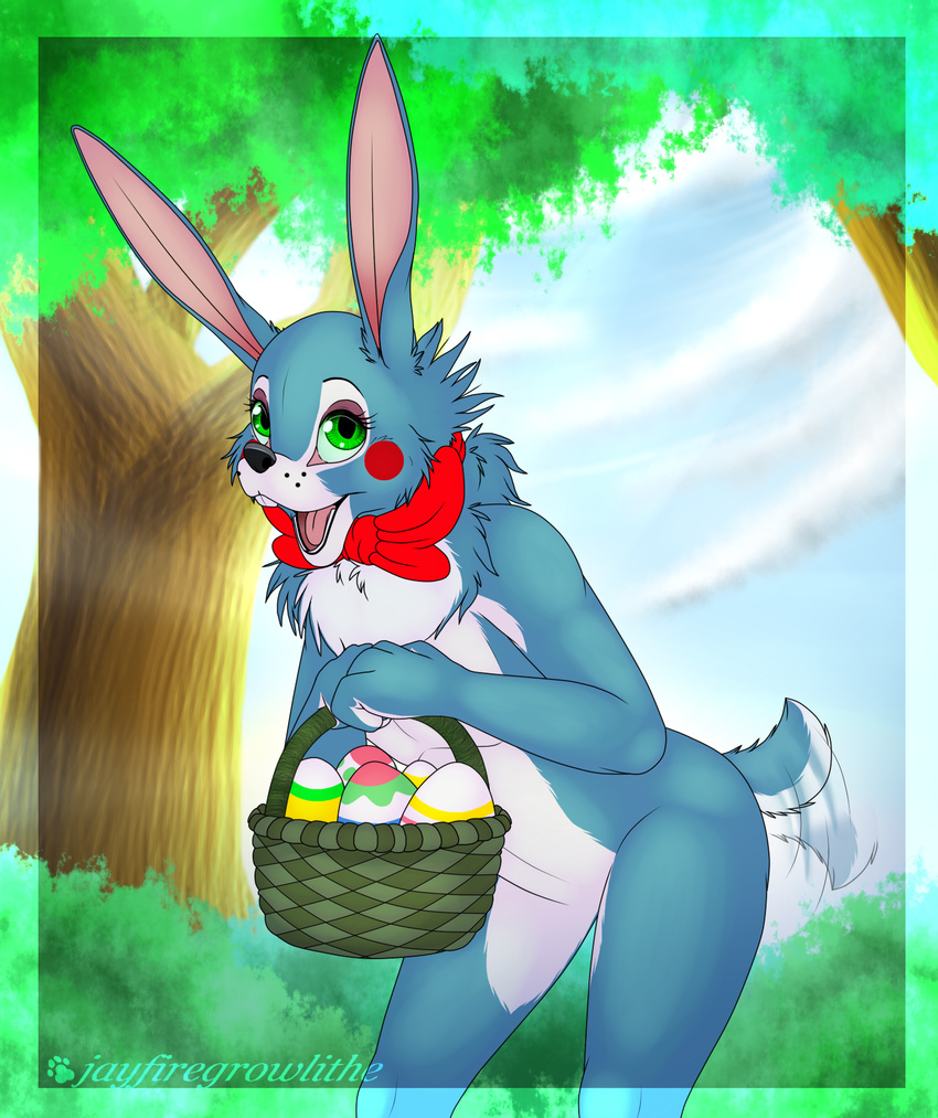 2015 4_fingers anthro basket black_nose blue_fur bow_tie buckteeth claws cute easter egg eyelashes five_nights_at_freddy's five_nights_at_freddy's_2 fur girly green_eyes happy holidays jayfiregrowlithe lagomorph long_ears looking_at_viewer male mammal nude open_mouth outside pink_tongue rabbit red_bow red_cheeks signature smile solo teeth tongue toy_bonnie_(fnaf) tree video_games watermark white_fur