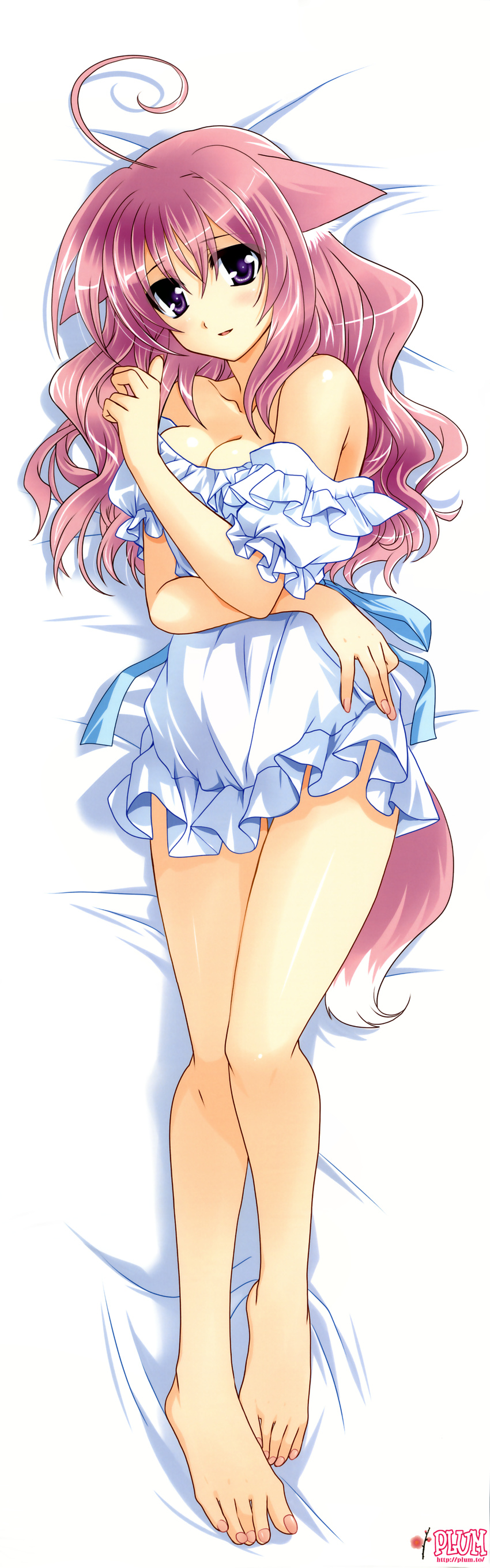 absurdres ahoge animal_ears apron bare_legs bed_sheet breasts cleavage dakimakura dog_days dog_ears dog_girl dog_tail feet from_above highres kanna_(plum) long_hair lying medium_breasts millhiore_f_biscotti nail_polish naked_apron on_back pink_hair pink_nails purple_eyes solo tail thigh_gap toenail_polish toes