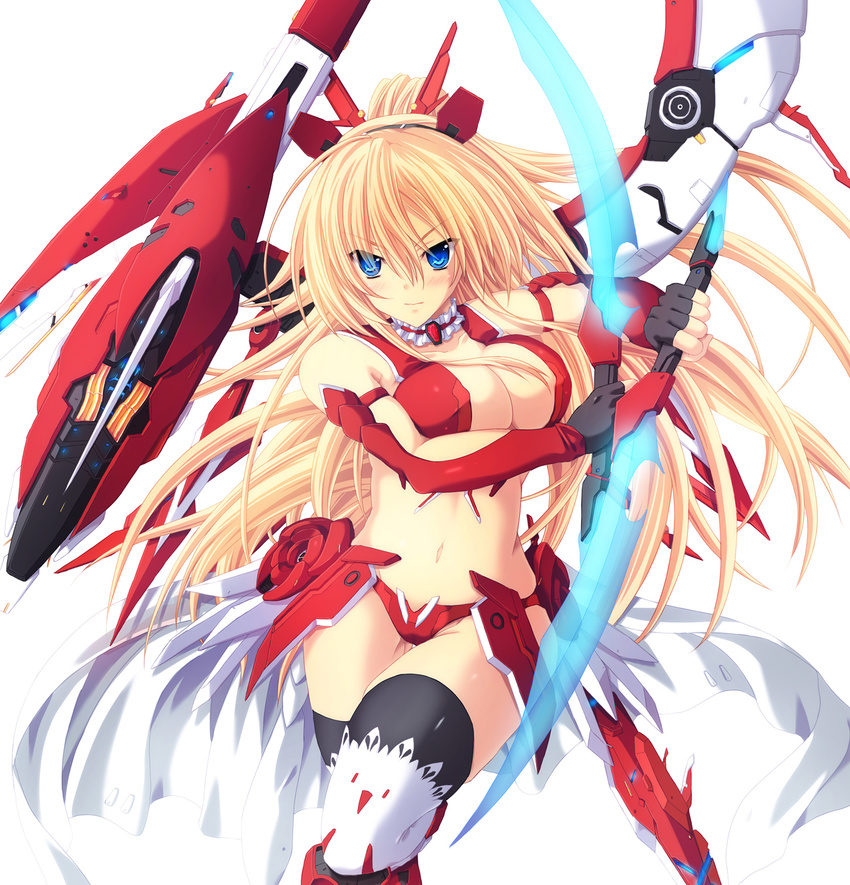 bikini blonde_hair blue_eyes breast_hold breasts choker cleavage covered_nipples fingerless_gloves frilled_choker frills gloves highres large_breasts long_hair mecha_musume red_bikini revealing_clothes rigel_(z/x) solo swimsuit sword takkayuuki thighhighs very_long_hair weapon z/x